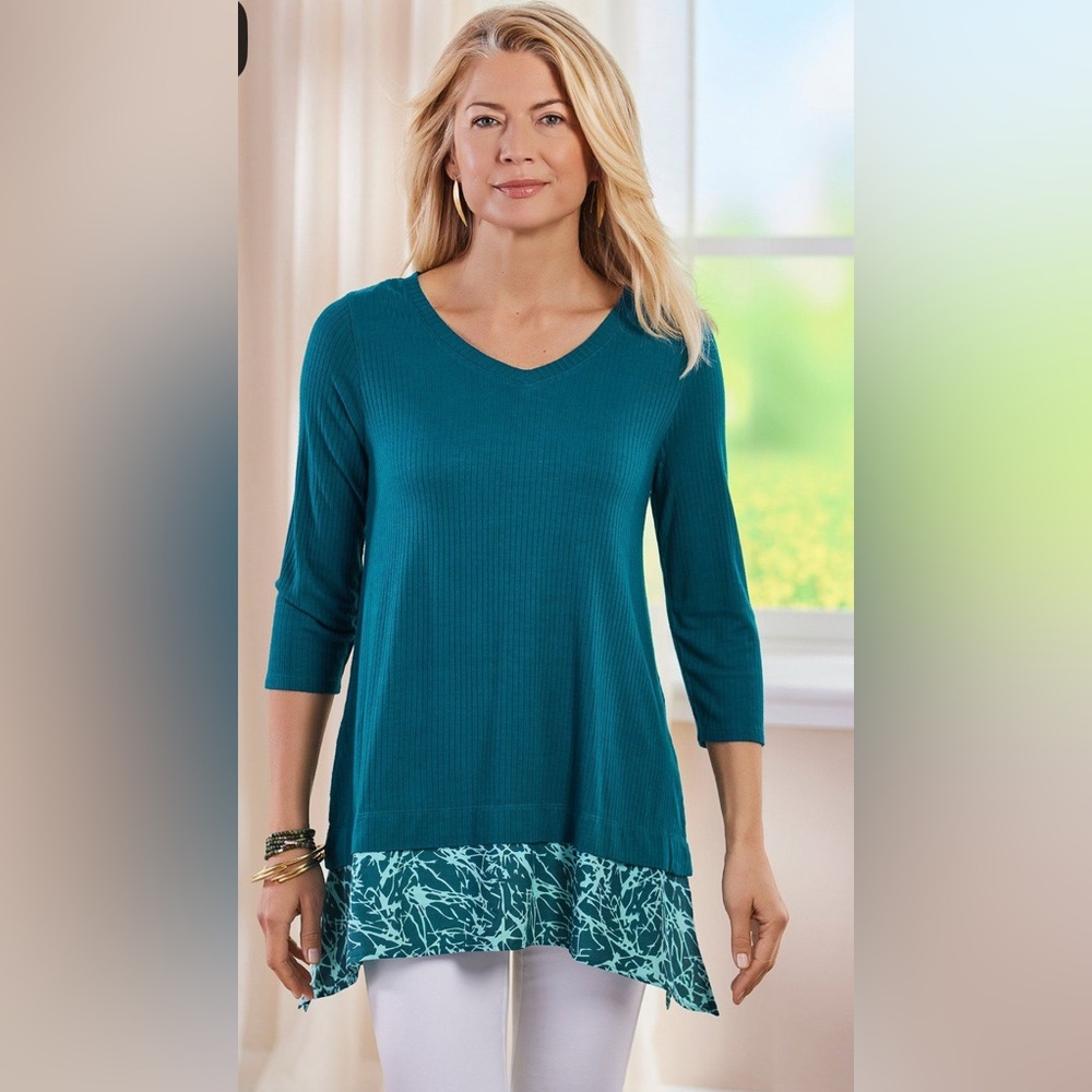 NWT Soft Surroundings Amarilla Mediterranean Blue Teal Long Sleeve Tunic Top